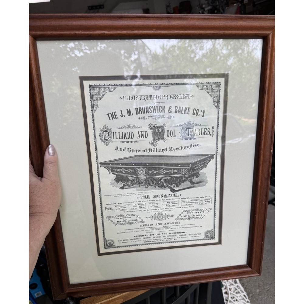 Vintage Brunswick Balke Monarch Pool Table Illustrated Price List Framed Print